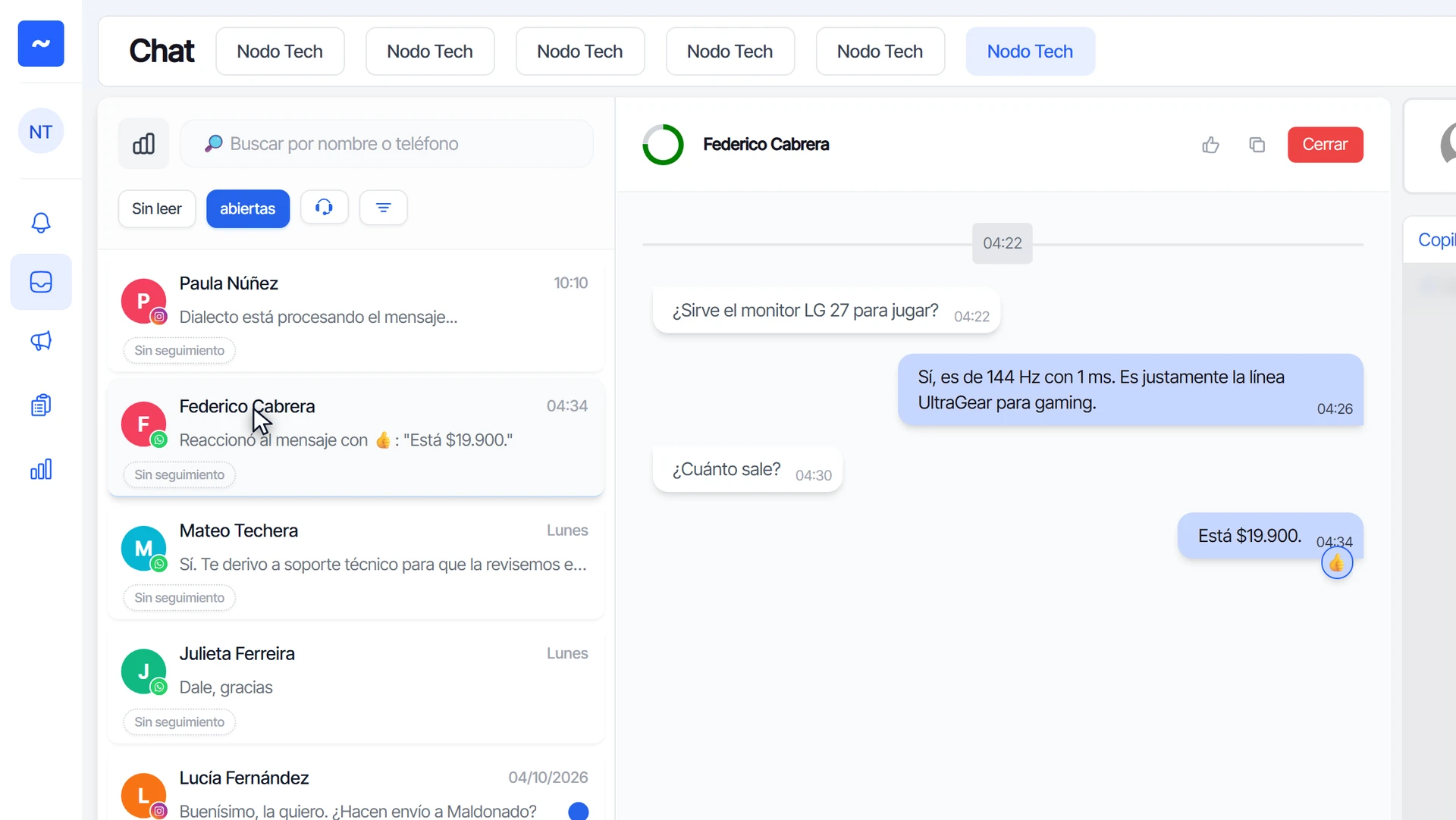 Lista de conversaciones abiertas del chat con la conversación de Federico Cabrera seleccionada