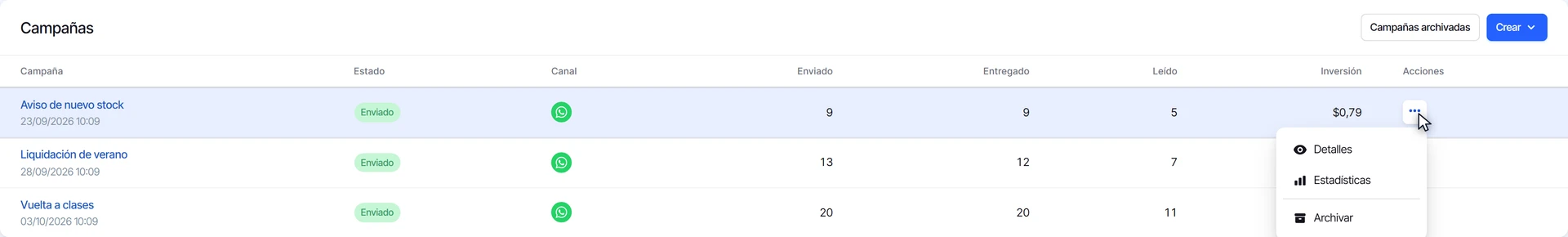 Menú de acciones de la campaña Aviso de nuevo stock con la opción Archivar