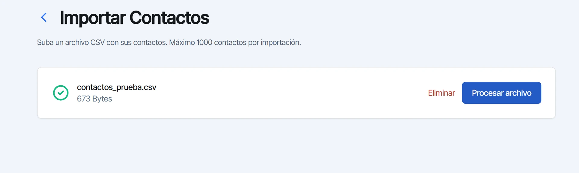 Pantalla Importar contactos con el archivo contactos_prueba.csv listo para procesar