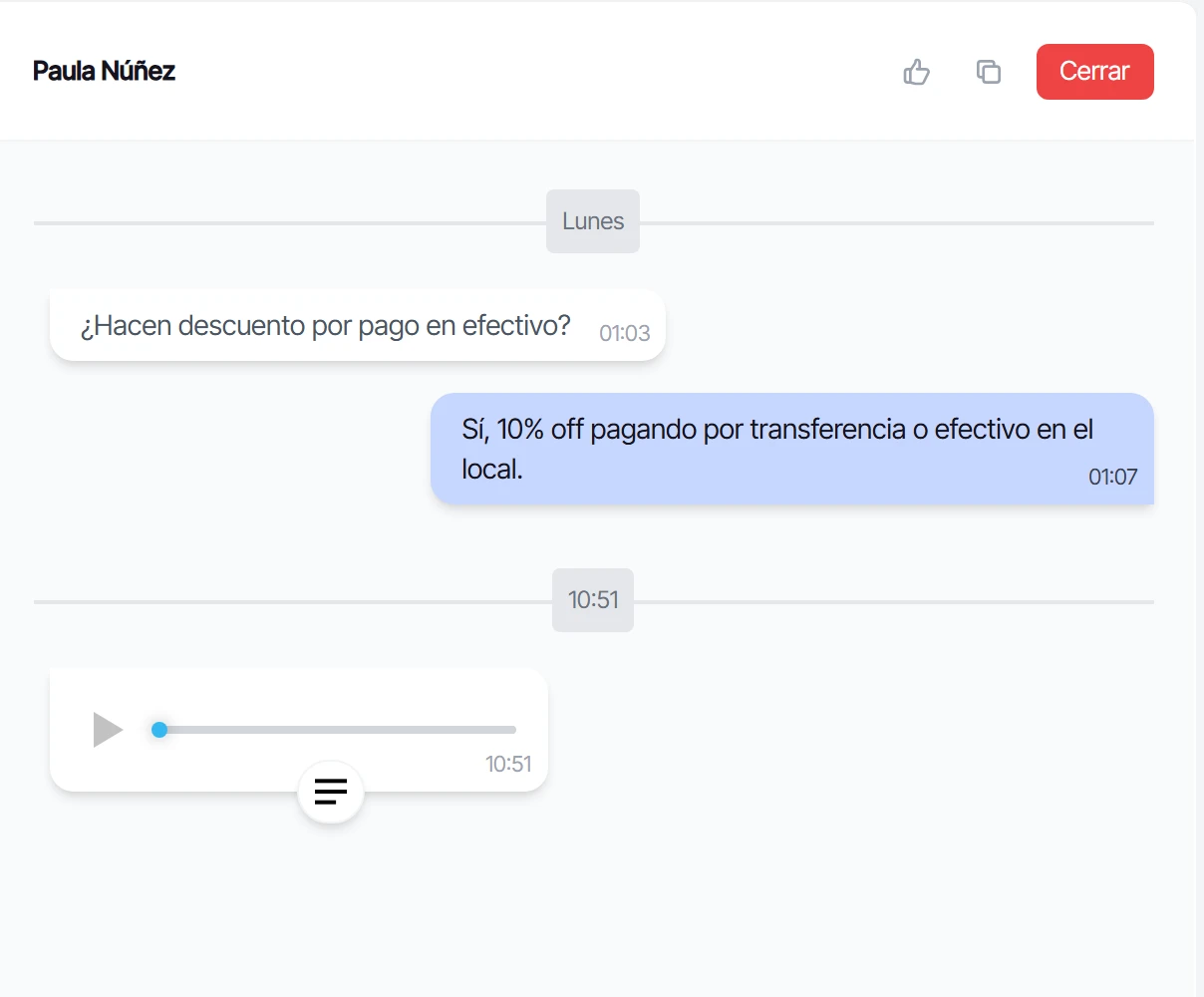 Audio entrante de la clienta en la conversación