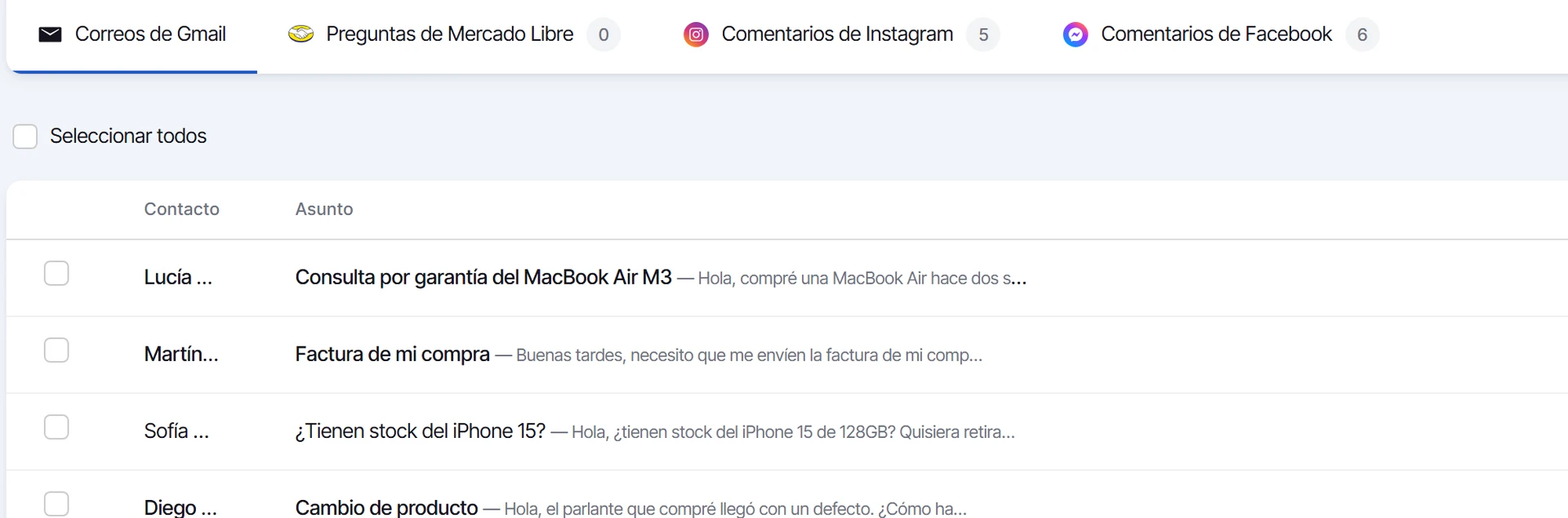 Bandeja de entrada de Gmail con los correos sin leer en negrita