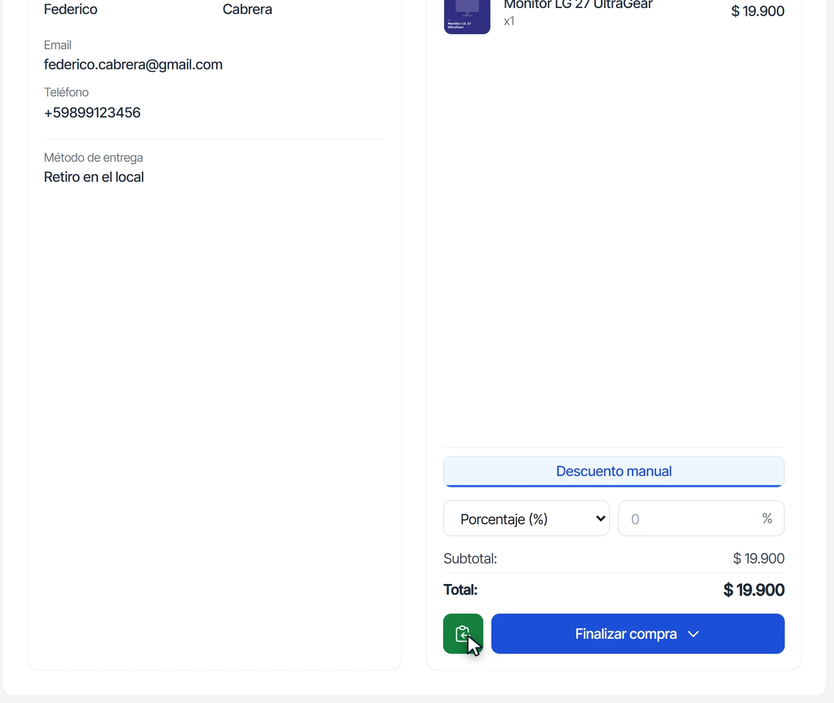 Botón verde Copiar detalle para WhatsApp junto a Finalizar compra