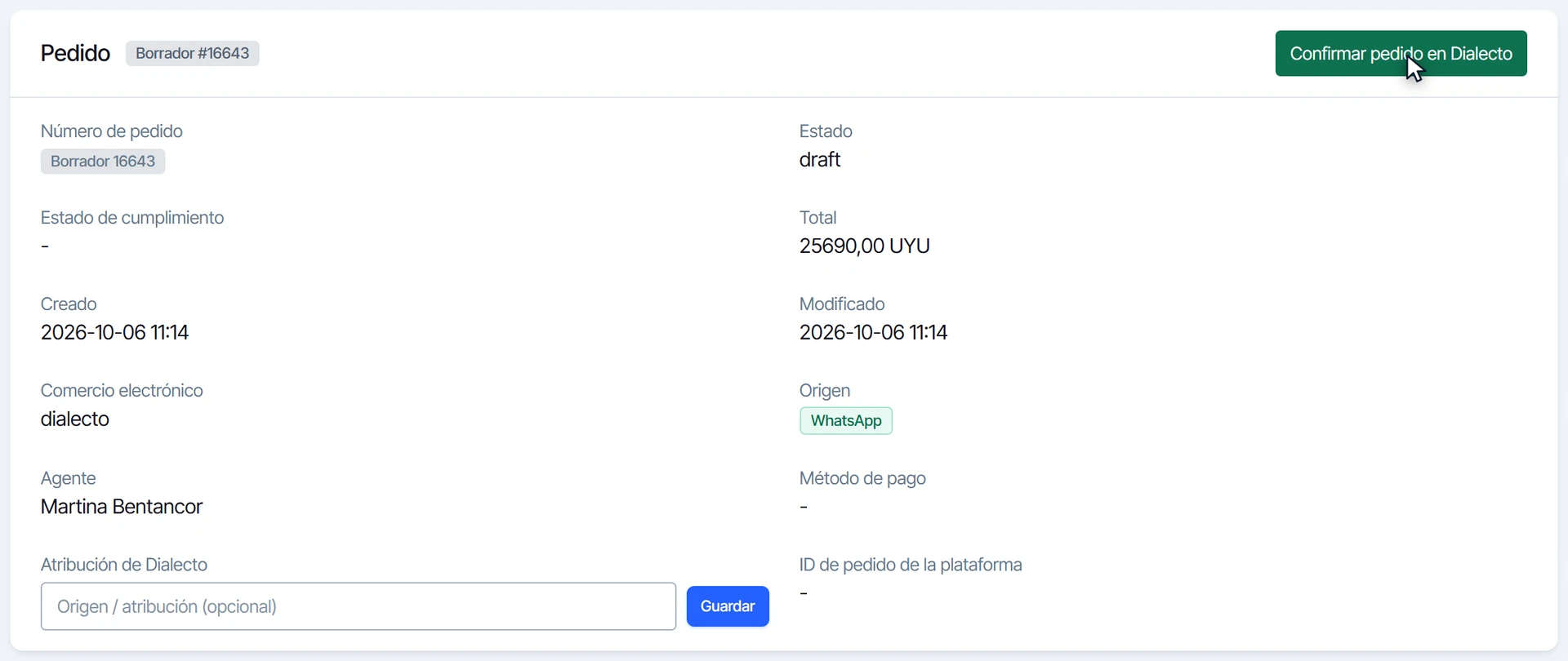 Pedido en borrador con el botón verde para confirmarlo en la tienda
