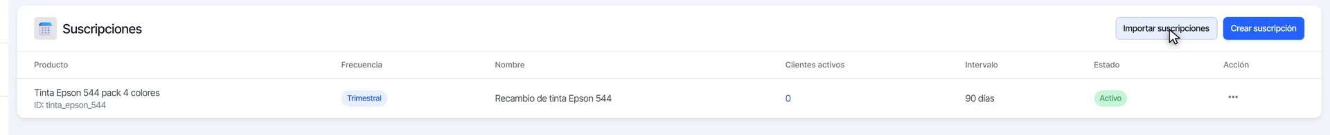 Lista de suscripciones con el botón Importar suscripciones junto a Crear suscripción