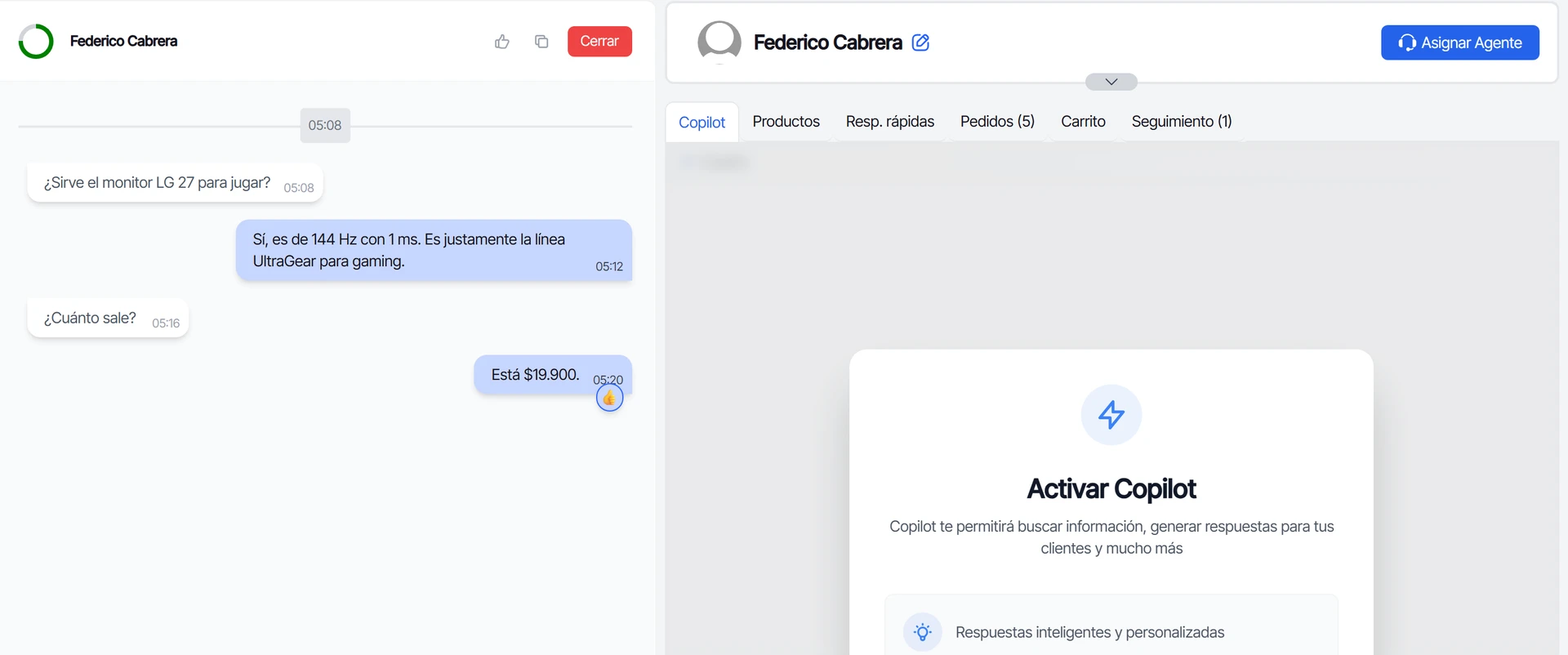 Chat con Federico Cabrera y las pestañas del panel de la derecha