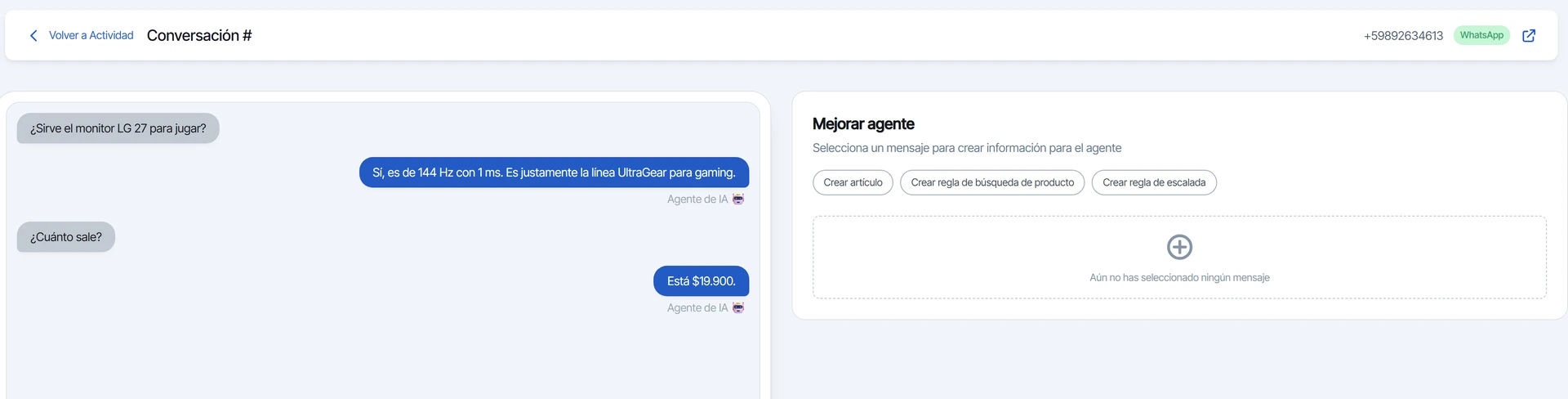 Traza de una conversación del agente con sus mensajes y, a la derecha, el panel Mejorar agente