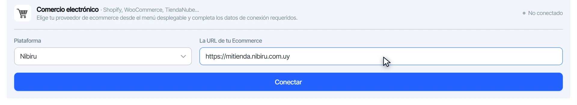 Tarjeta de Comercio electrónico con Nibiru elegido en Plataforma y la URL de la tienda escrita