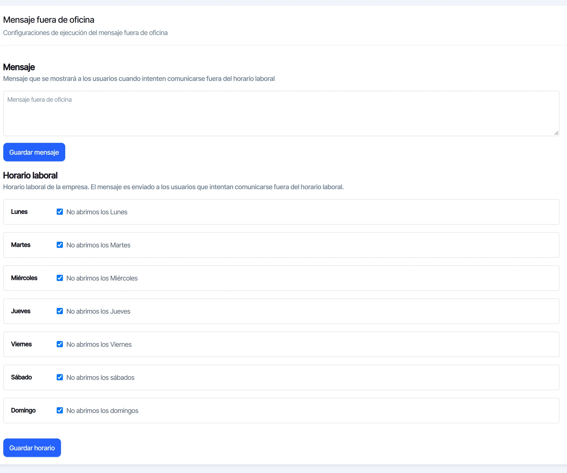 Pantalla Horarios de Configuración con un renglón por día de la semana y el mensaje fuera de horario