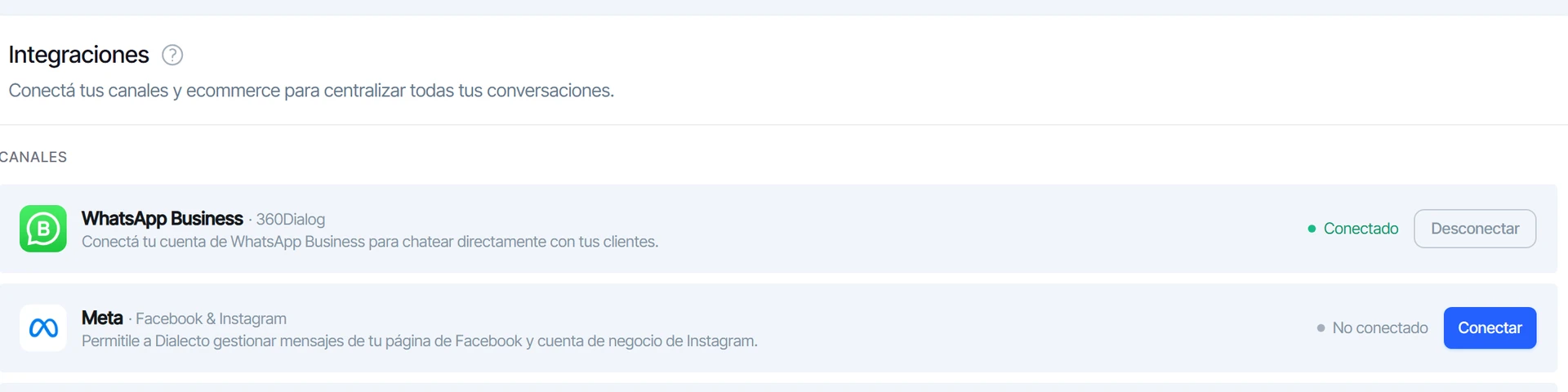 Pantalla de Integraciones de Dialecto con WhatsApp Business conectado