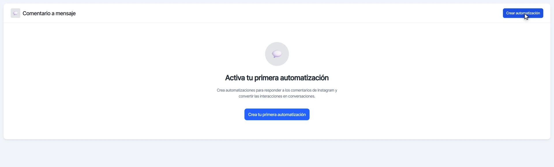 Lista de automatizaciones de Comentario a Mensaje de Instagram con el botón Crear automatización