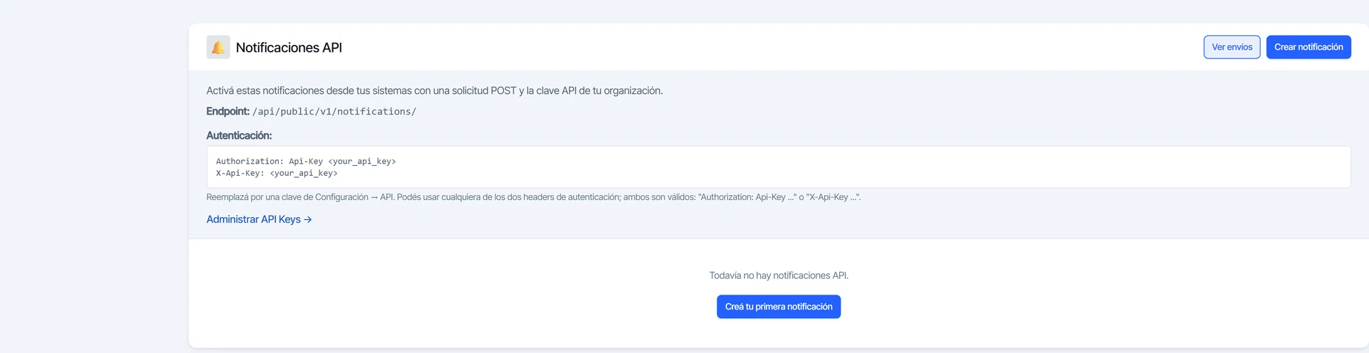 Notificaciones API con el endpoint, el encabezado de autenticación y el botón Crear notificación
