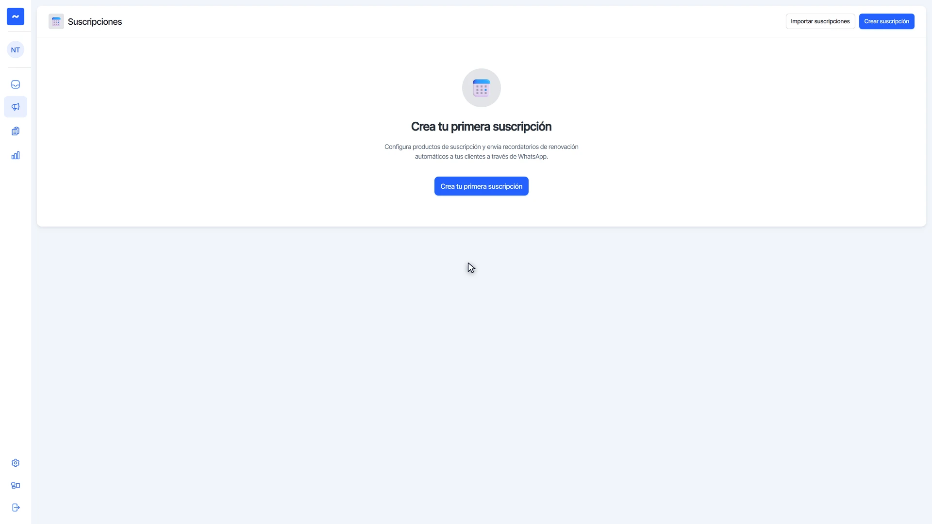 Pantalla de suscripciones vacía con los botones Importar suscripciones y Crear suscripción