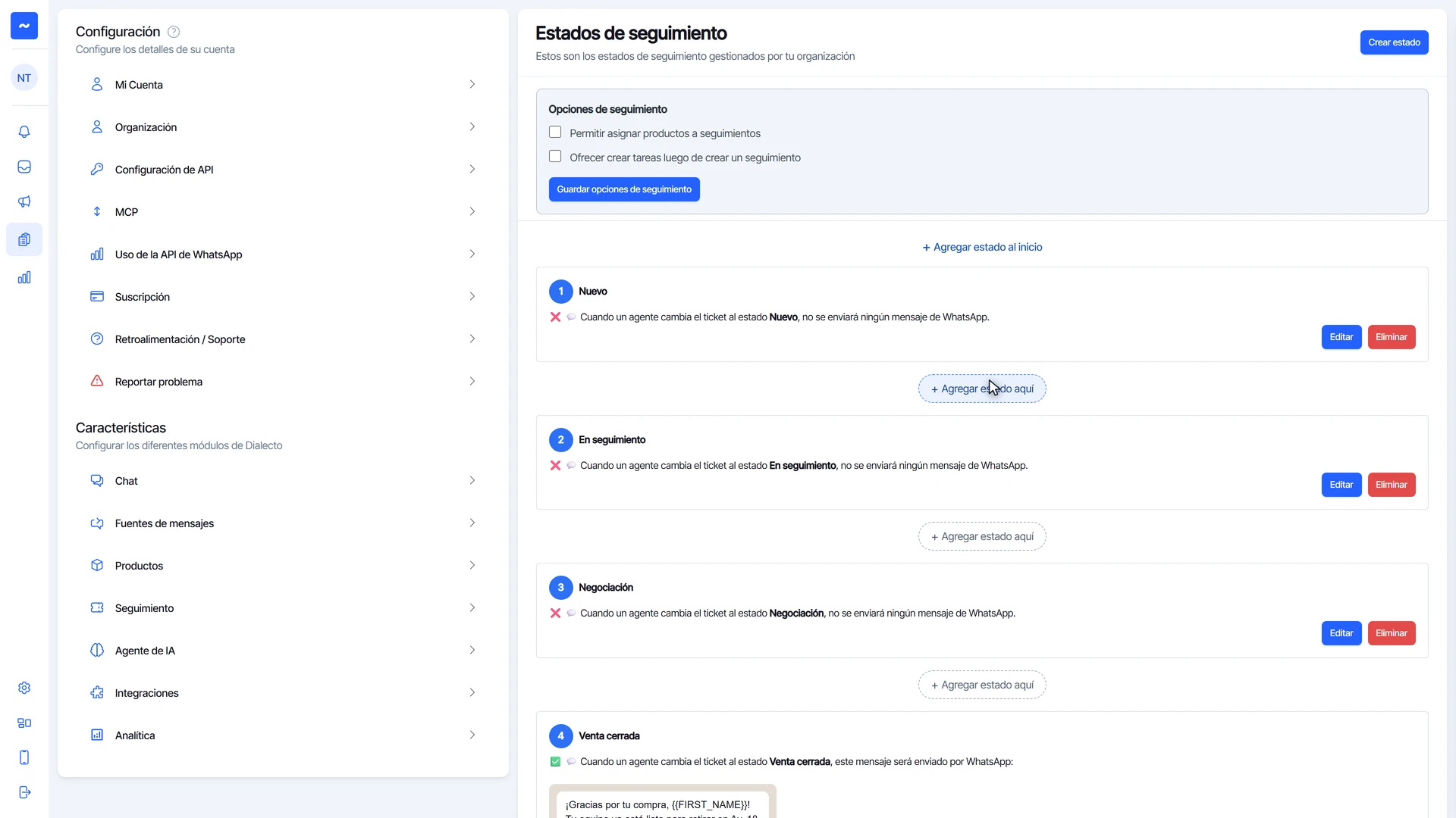 Configuración de Dialecto con Seguimiento en Características y la lista de estados de seguimiento