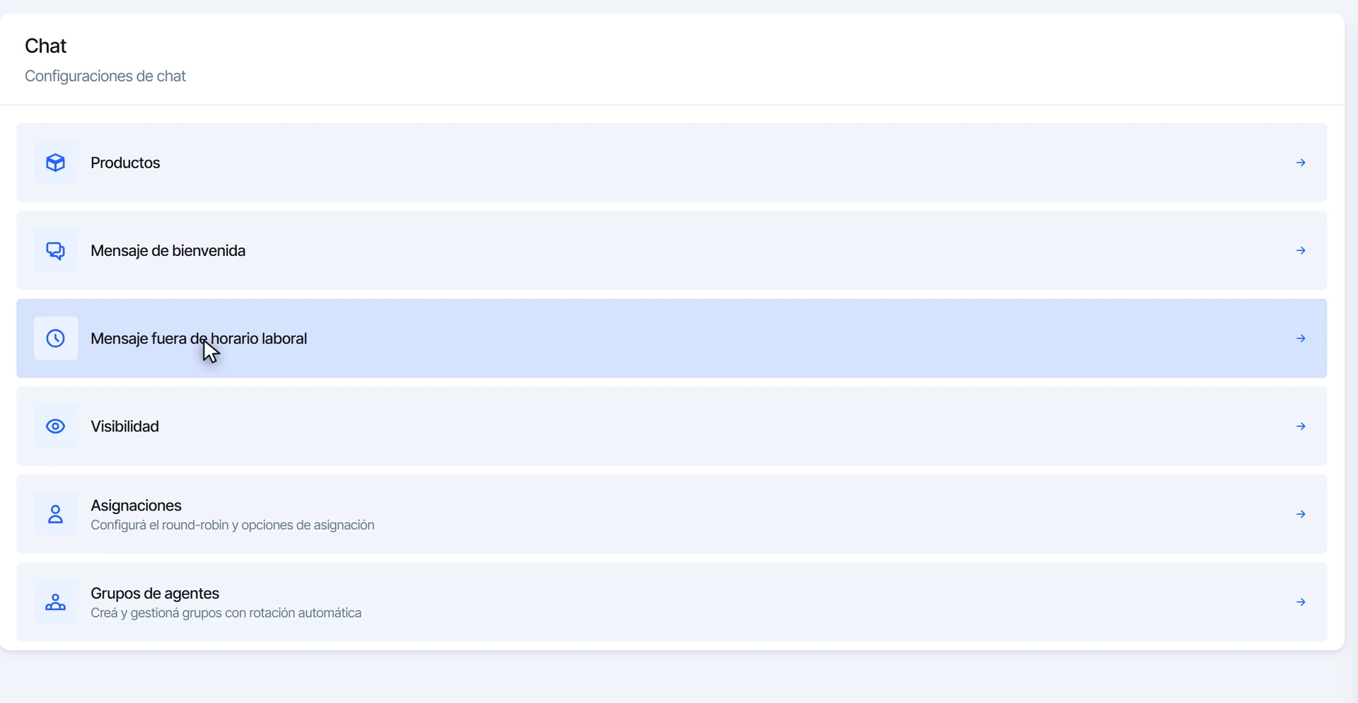 Configuración del chat con la opción del mensaje fuera de horario, donde está el horario laboral
