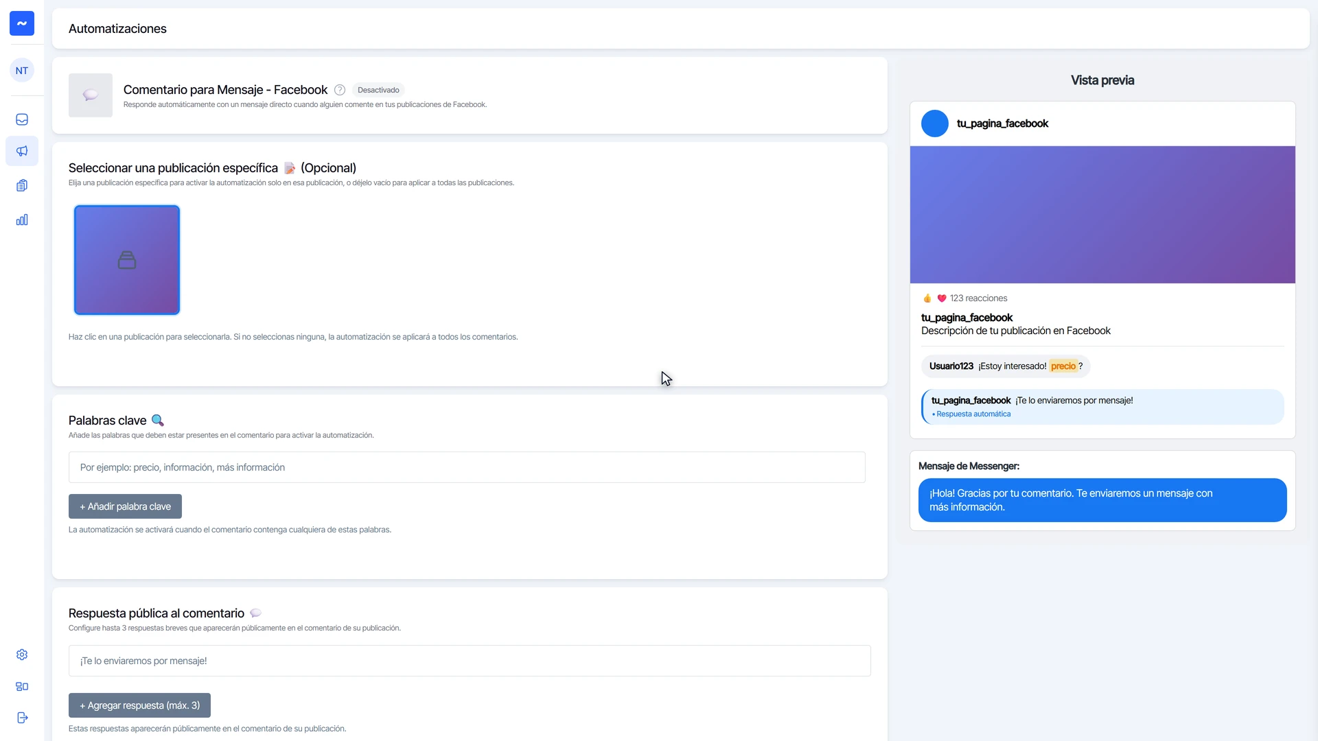 Formulario de Comentario para Mensaje de Facebook con la publicación, las palabras clave y la vista previa a la derecha