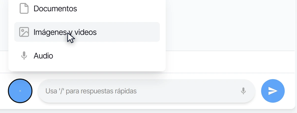 Menú del clip con las opciones Documentos, Imágenes y videos, y Audio