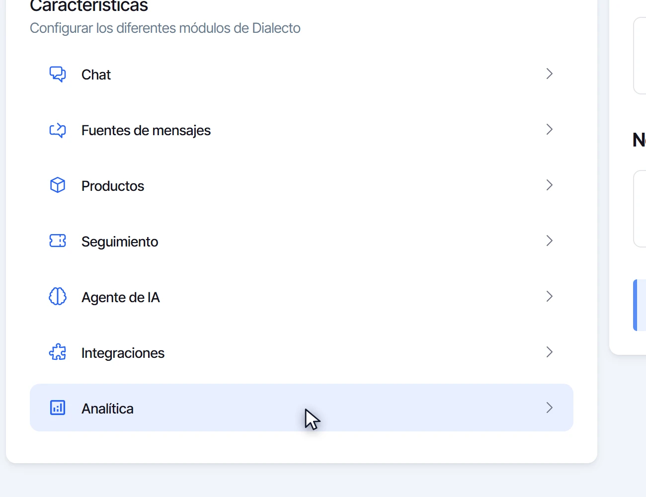 Menú de Configuración con la opción Analítica al final de Características