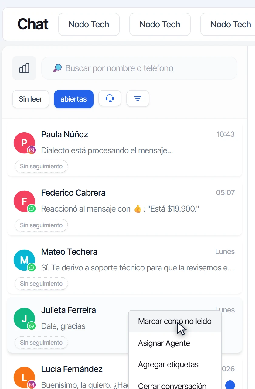Menú del clic derecho sobre una conversación con la opción Marcar como no leído