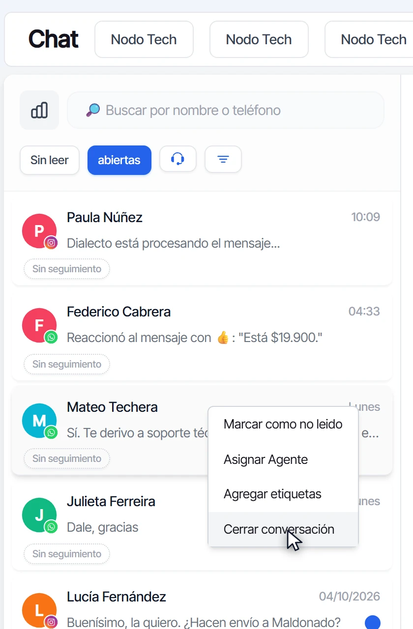 Menú del clic derecho sobre una conversación con la opción Cerrar conversación