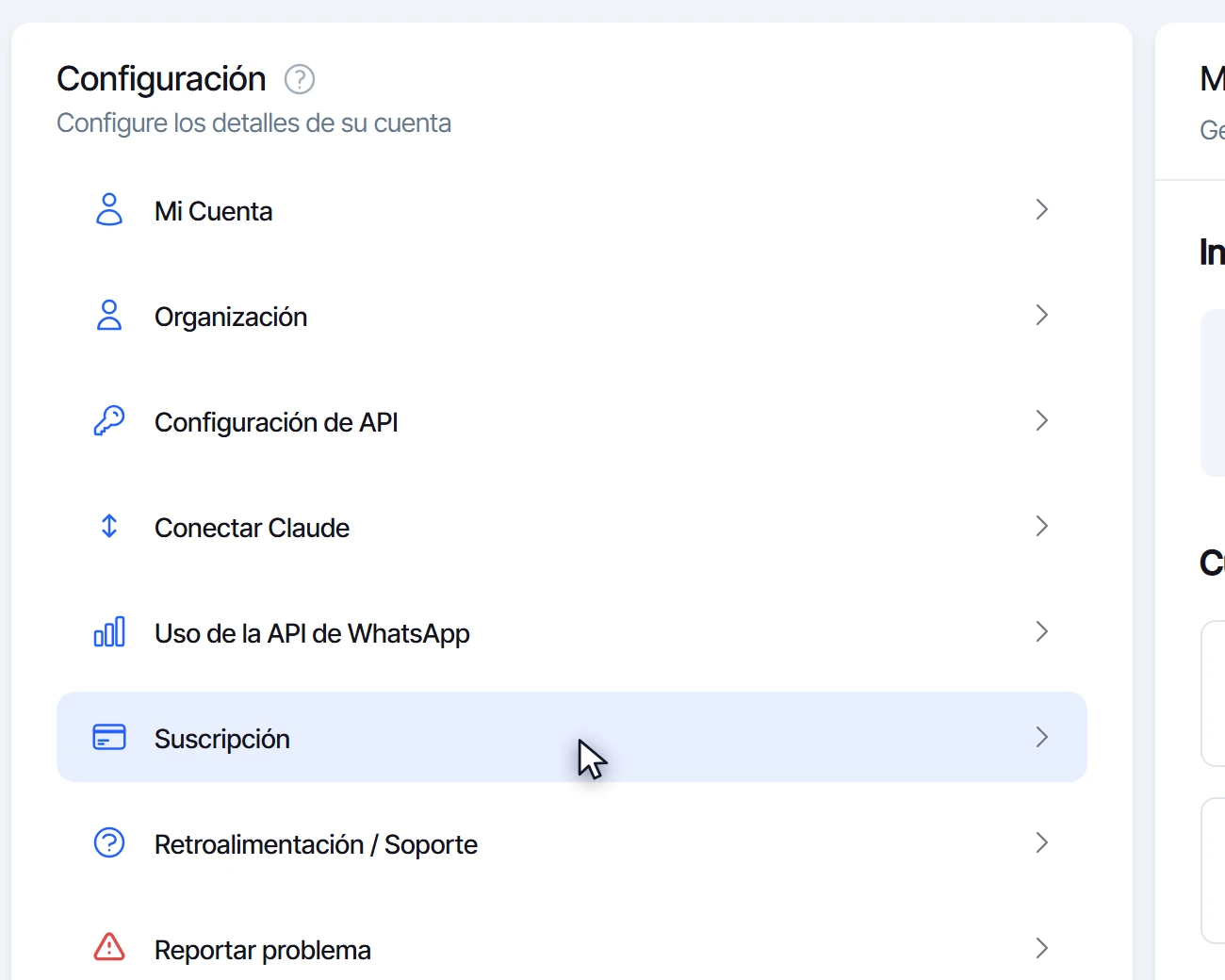Menú de Configuración con la opción Suscripción