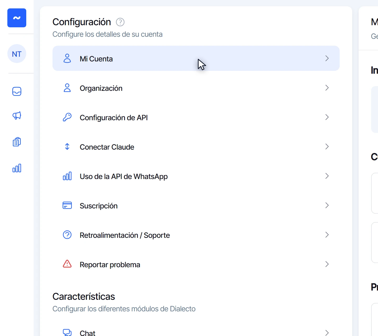 Menú de Configuración con la opción Mi Cuenta