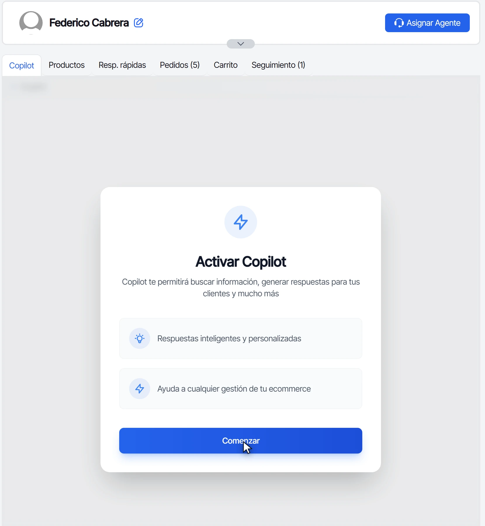 Pestaña Copilot del panel derecho con la tarjeta Activar Copilot y el botón Comenzar