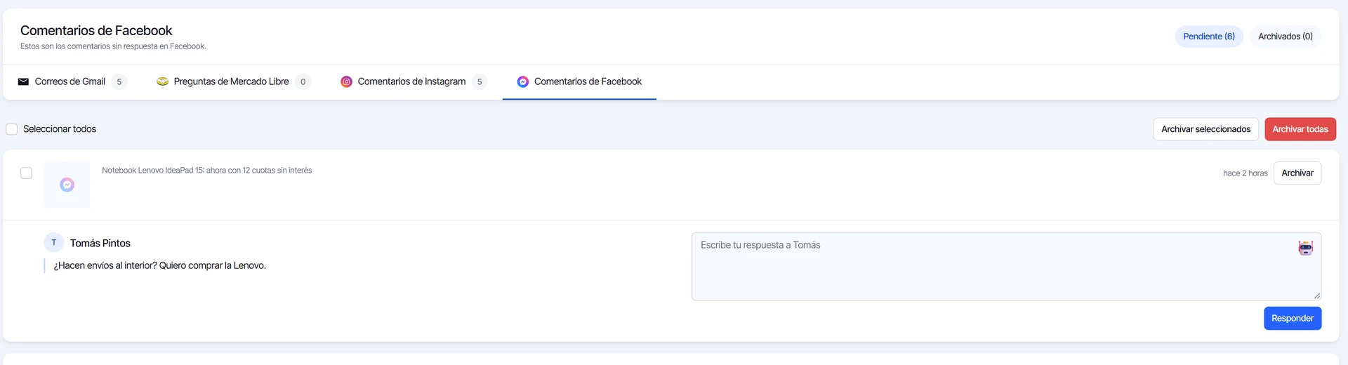 Pantalla de comentarios de Facebook con las pestañas de canales y los comentarios pendientes