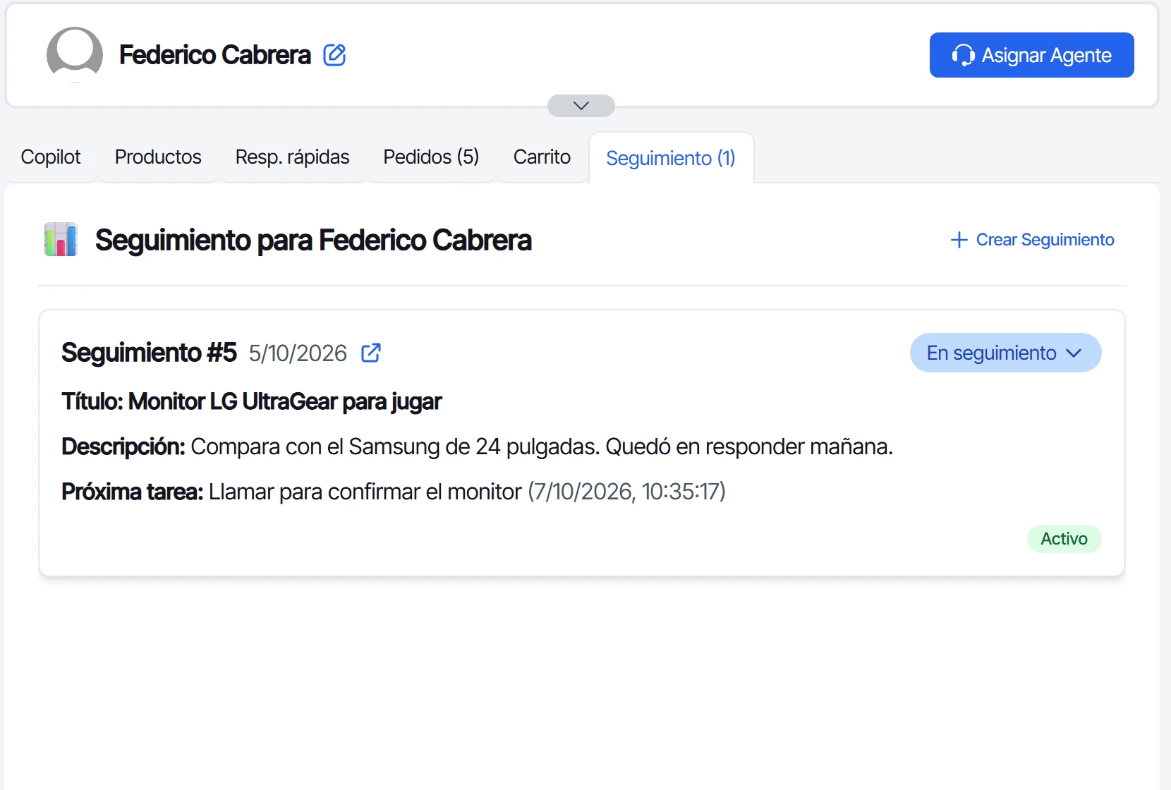 Panel del contacto con la pestaña Seguimiento abierta y el botón Crear Seguimiento