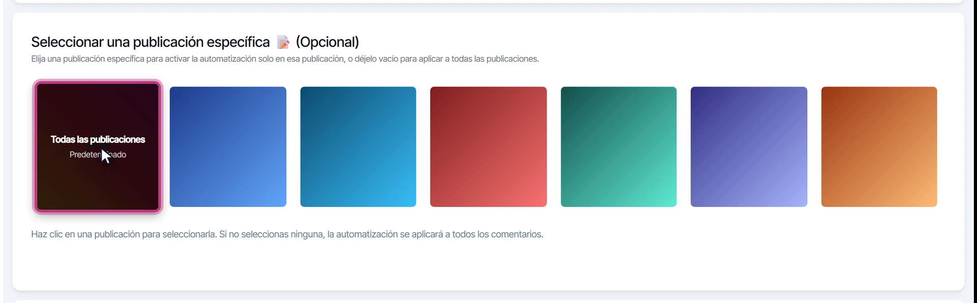 Selector de publicación con la opción Todas las publicaciones marcada y las publicaciones recientes de Instagram
