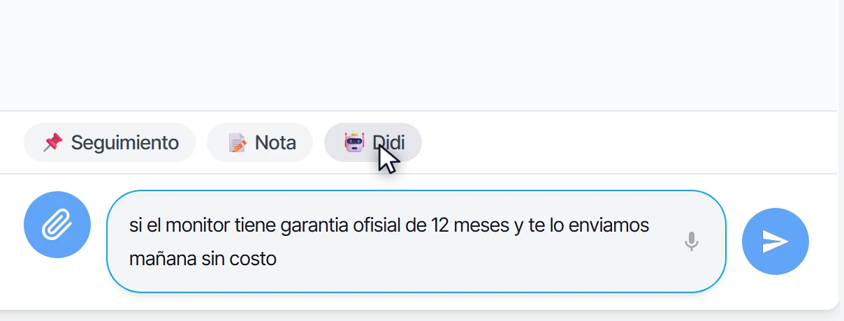 Mensaje con errores de ortografía escrito en el campo de texto y el botón de la IA