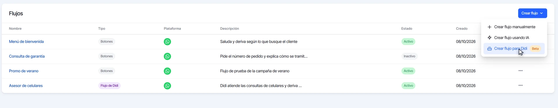 Lista de flujos con los tipos Botones y Flujo de Didi, y el menú Crear flujo con sus tres opciones