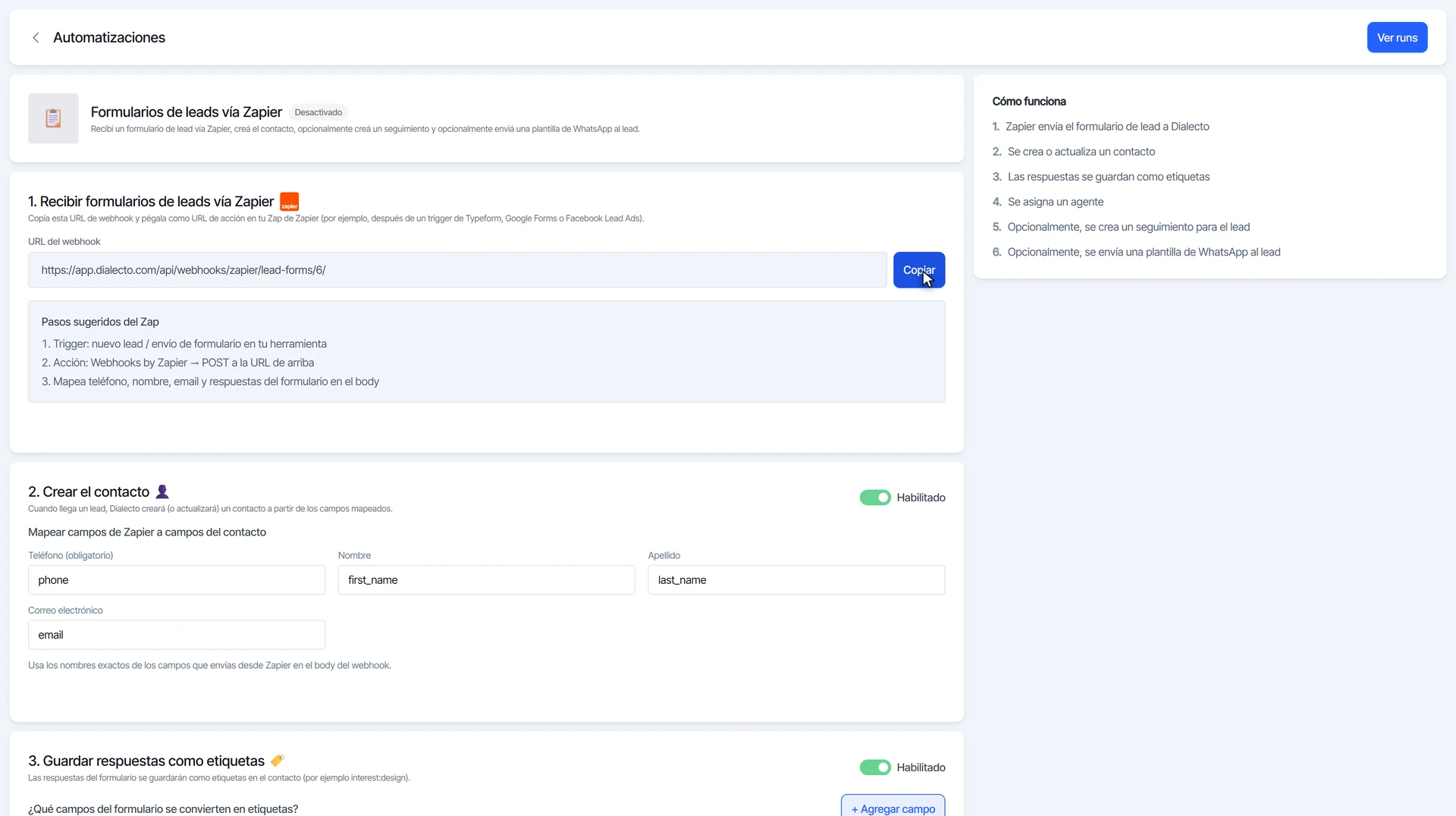 Paso 1 con la URL del webhook de Dialecto, el botón Copiar y los pasos sugeridos para el Zap