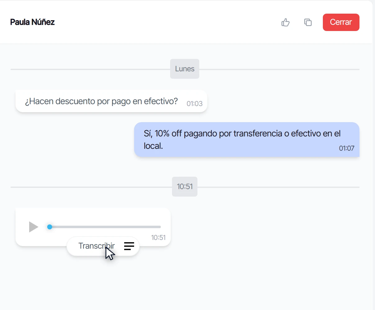 Botón de transcribir bajo el audio