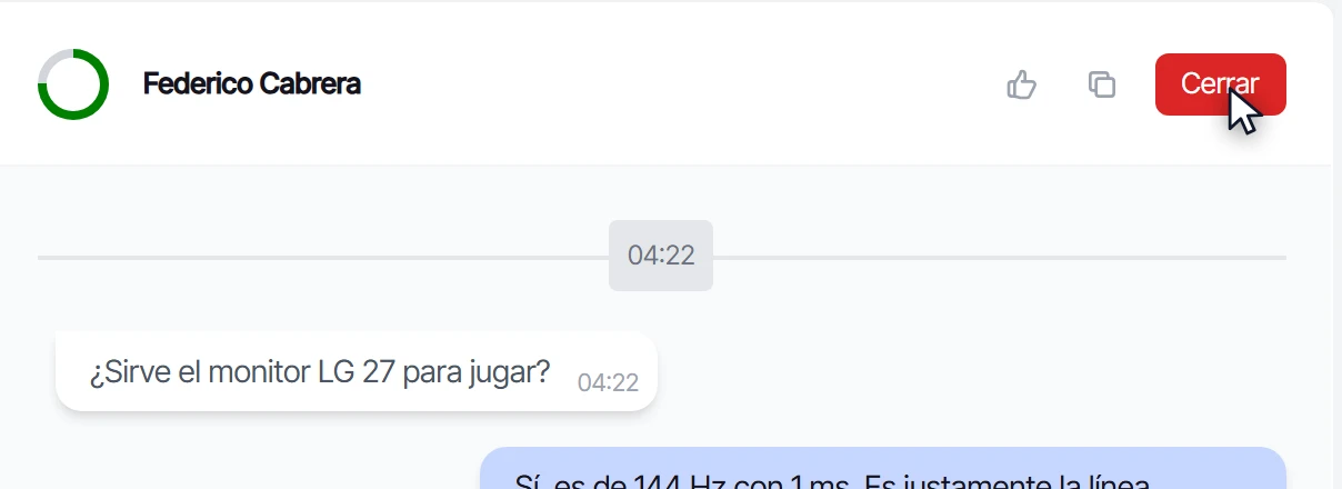 Botón rojo Cerrar en la cabecera de la conversación