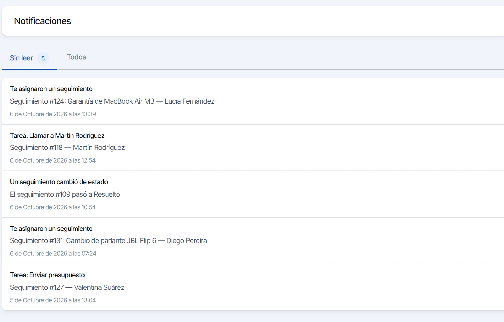 Centro de notificaciones con la pestaña Sin leer y las notificaciones nuevas