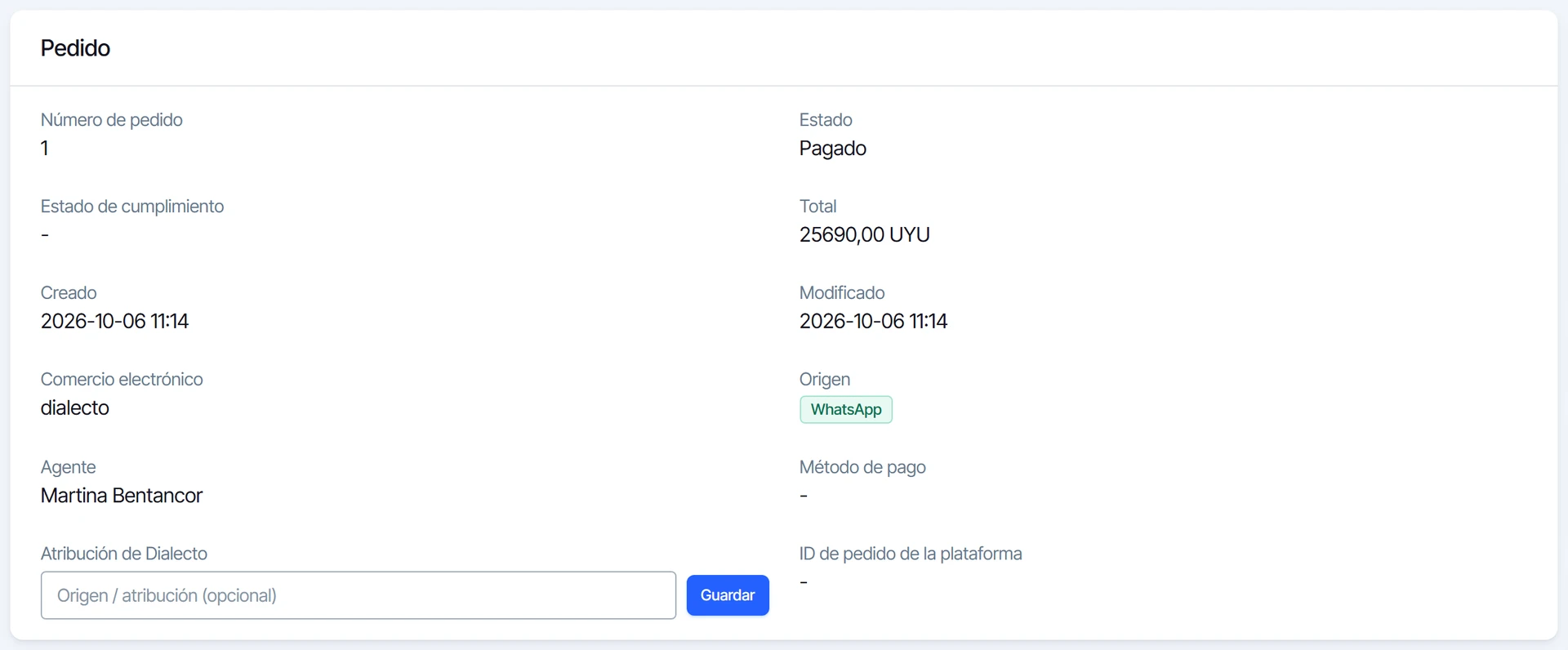 Pedido ya confirmado: tiene número y estado paid, y el botón desapareció