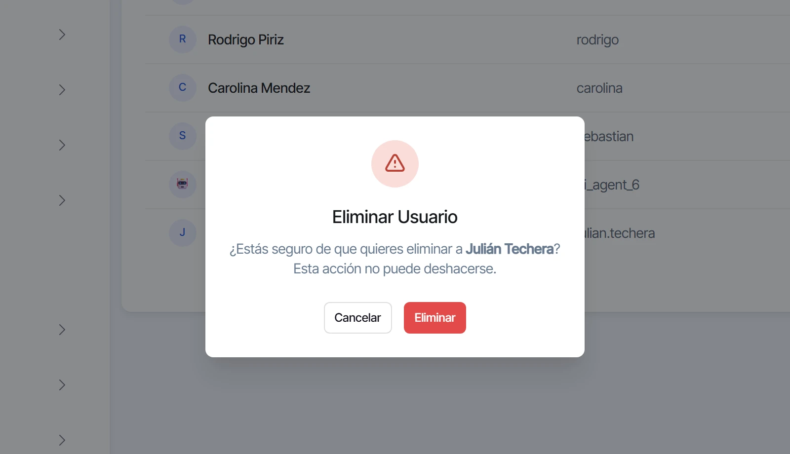 Cuadro de confirmación para eliminar al usuario