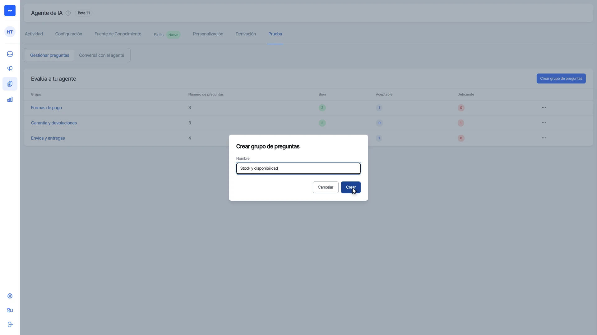 Ventana para crear un grupo con el nombre Stock y disponibilidad