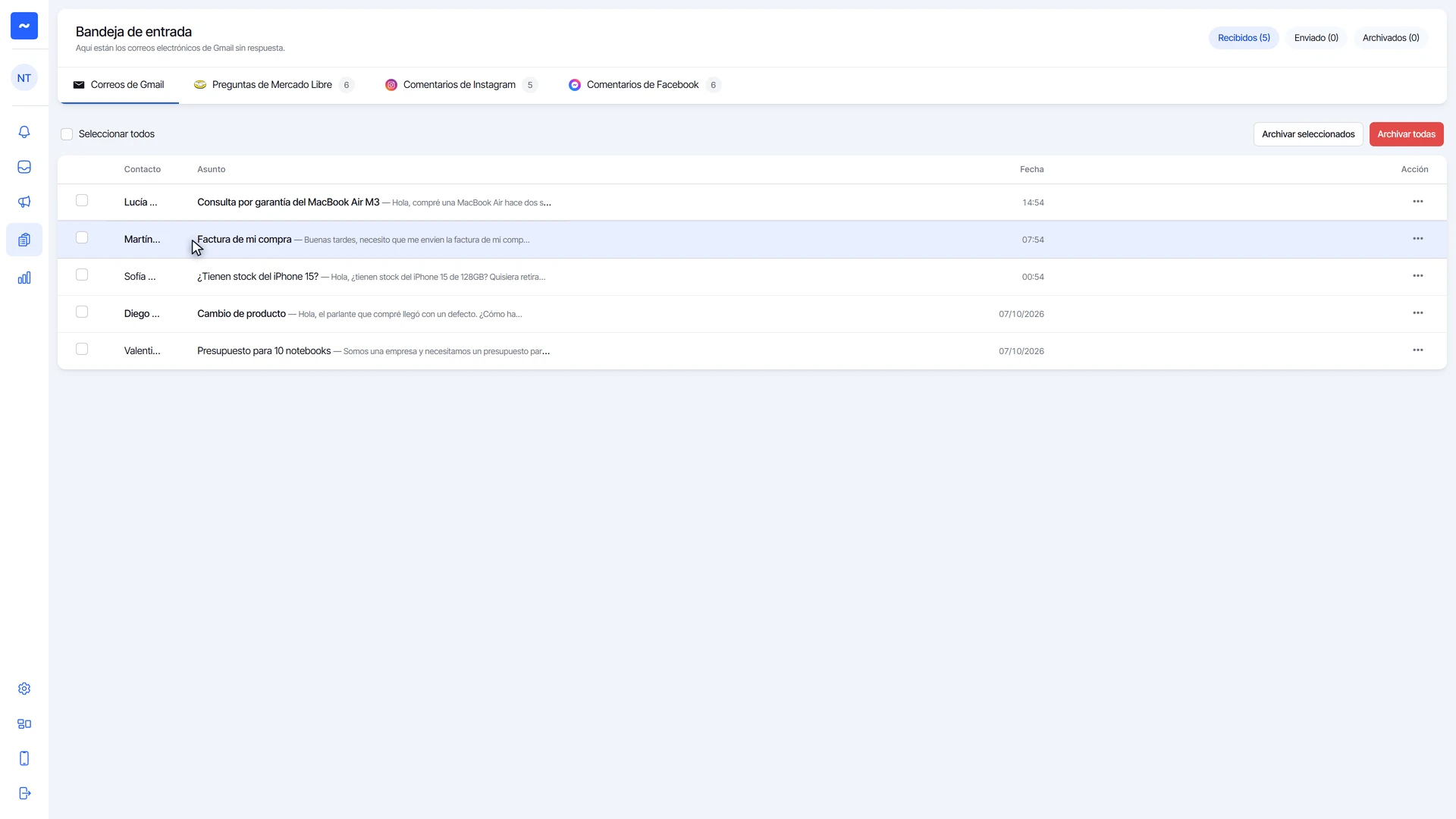 Pestaña Correos de Gmail en Preguntas, con cinco correos recibidos sin responder: contacto, asunto y fecha