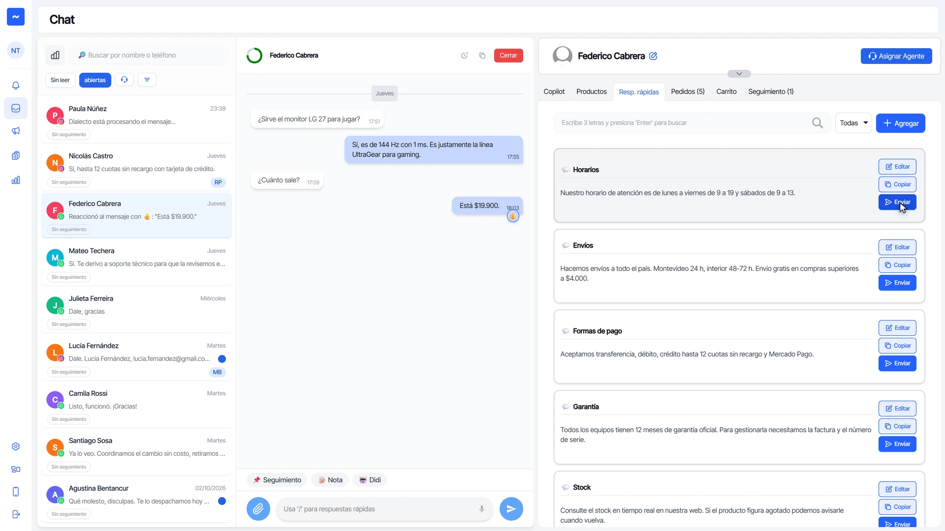 Pestaña Resp. rápidas con las respuestas guardadas y los botones Editar, Copiar y Enviar