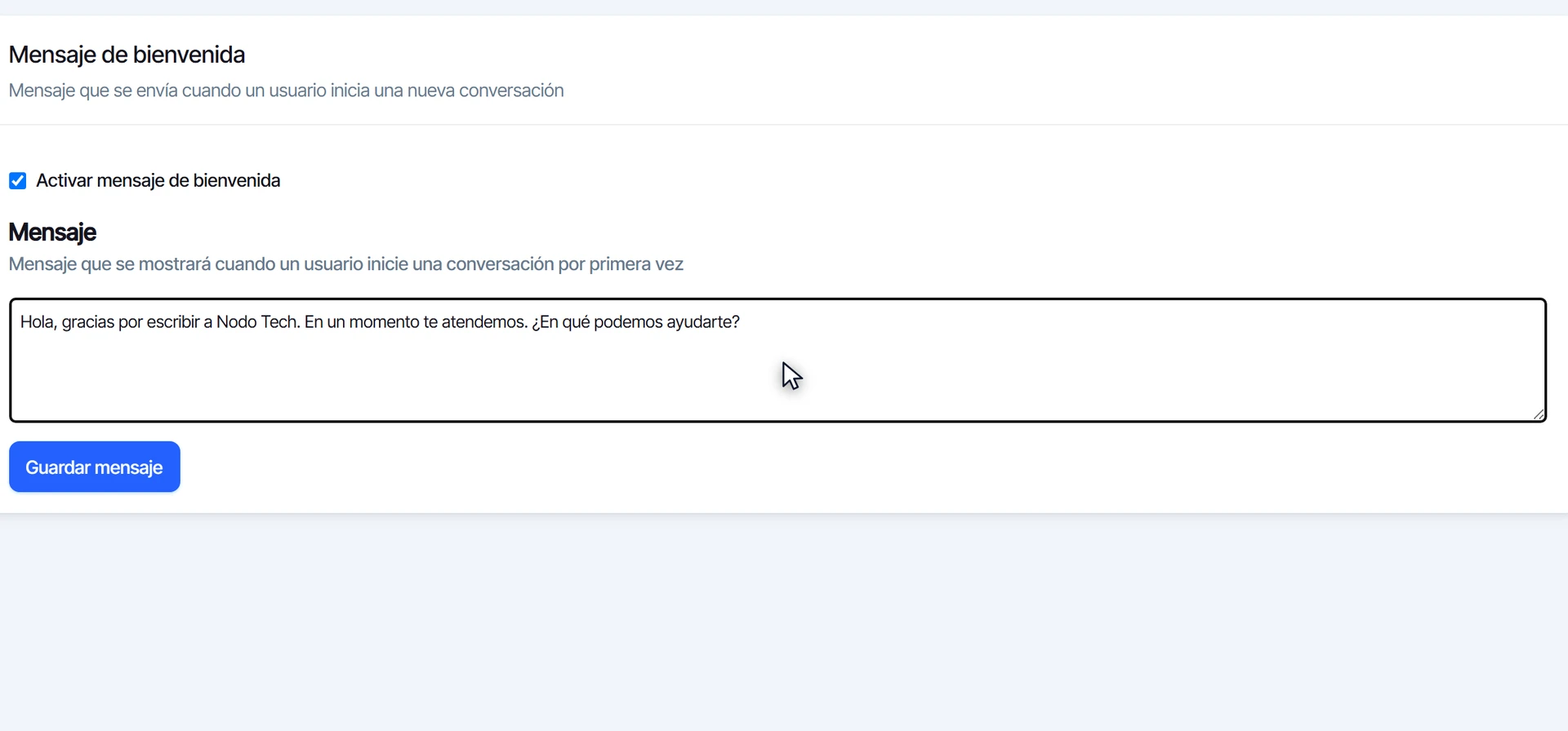Mensaje de bienvenida escrito en el campo Mensaje