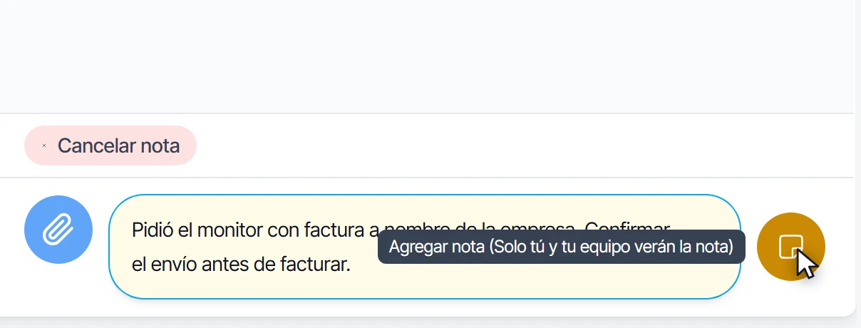 Cuadro de texto en modo nota, en amarillo, con la nota escrita y el aviso de que solo la ve el equipo