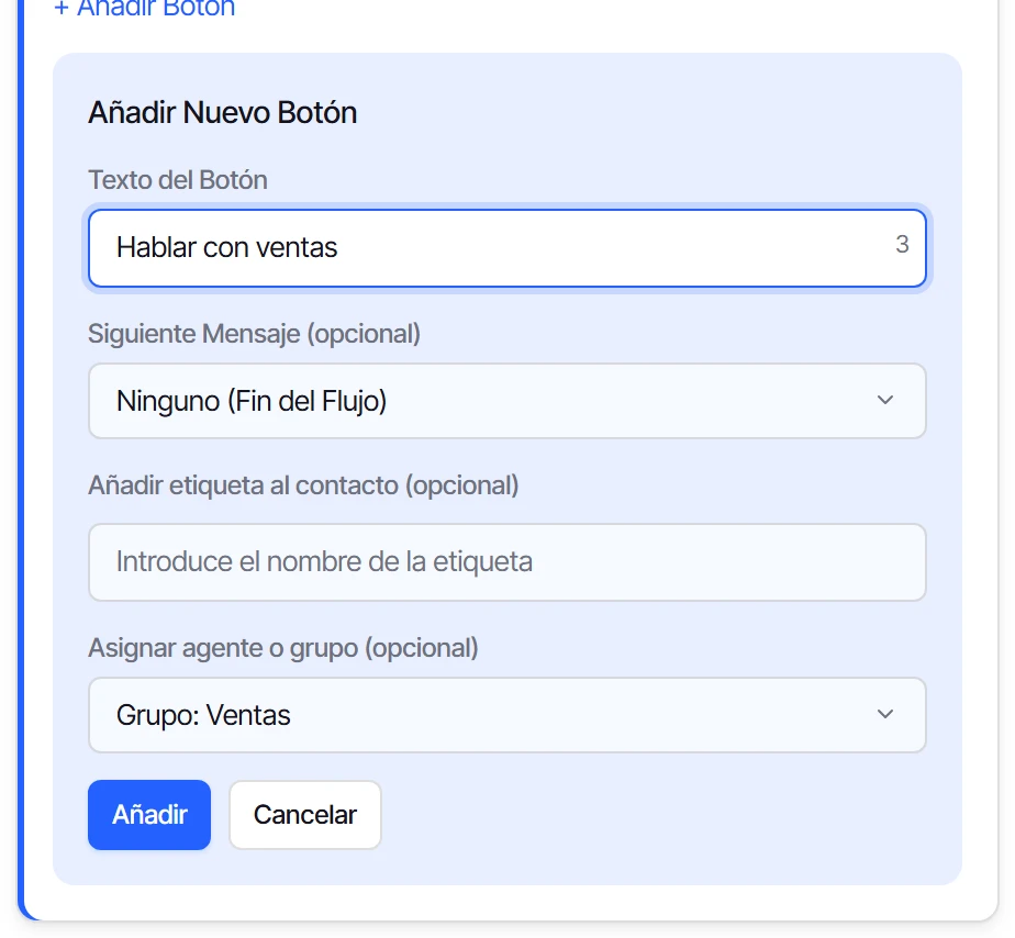 Formulario Añadir Nuevo Botón con el texto Hablar con ventas y el grupo Ventas elegido para asignar