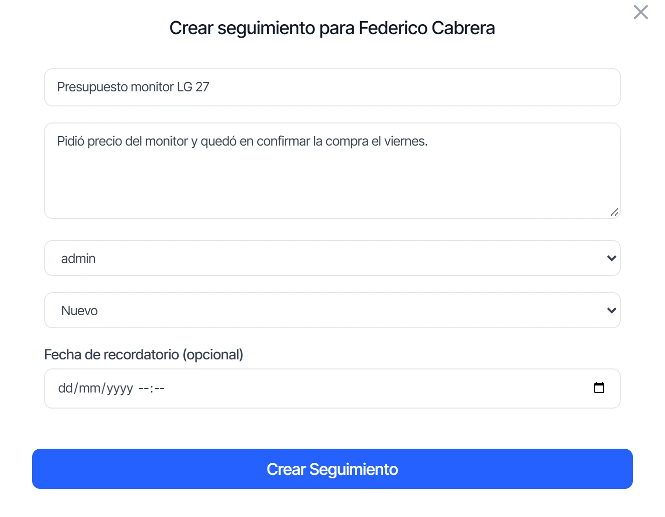 Formulario Crear seguimiento con título, descripción, agente y estado completados