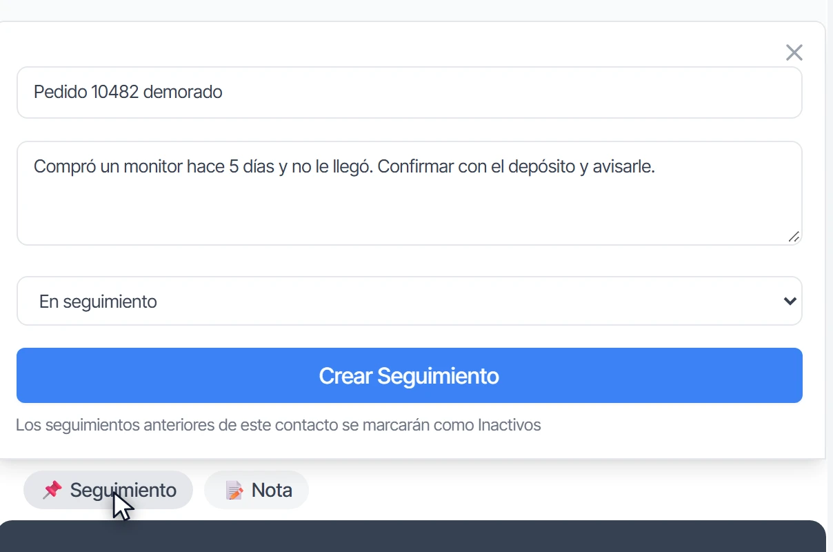 Ventana de seguimiento rápido con título, descripción, estado y el botón Crear Seguimiento