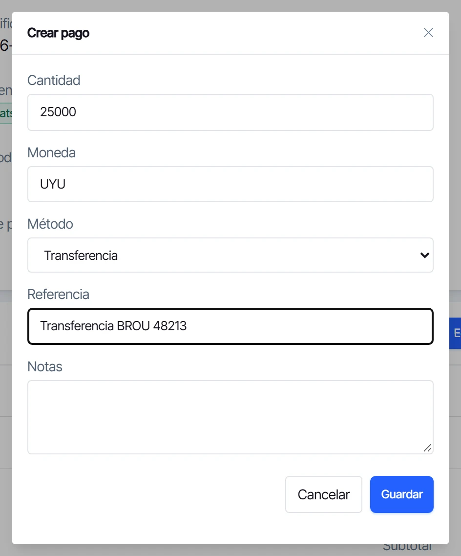 Ventana Crear pago con monto, moneda, método, referencia y notas