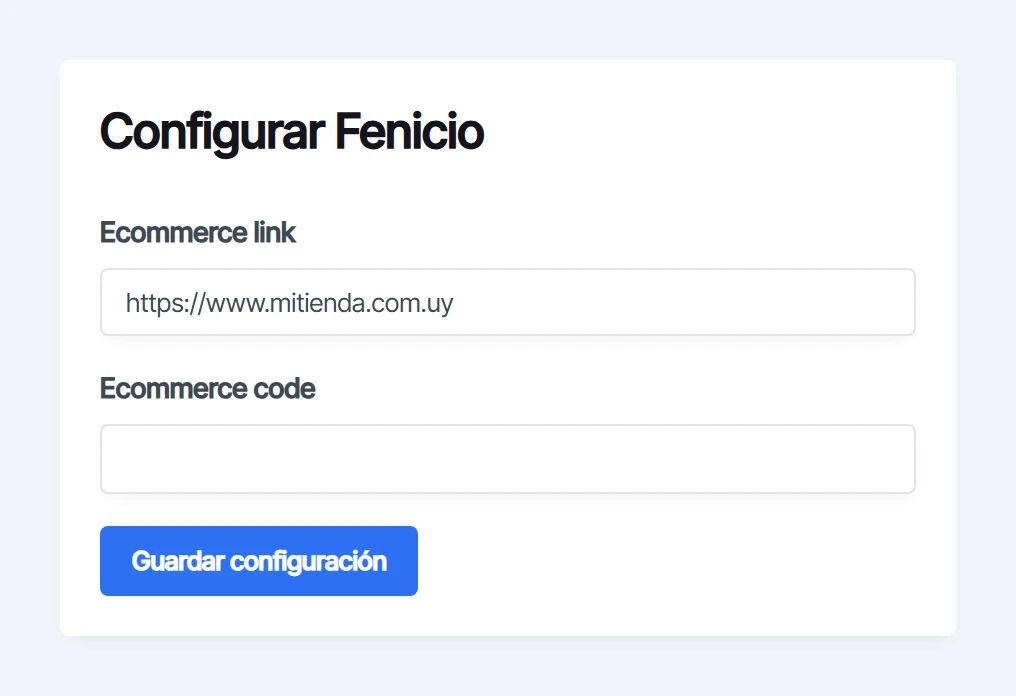 Pantalla Configurar Fenicio con el link de la tienda ya cargado y el campo del código de ecommerce vacío