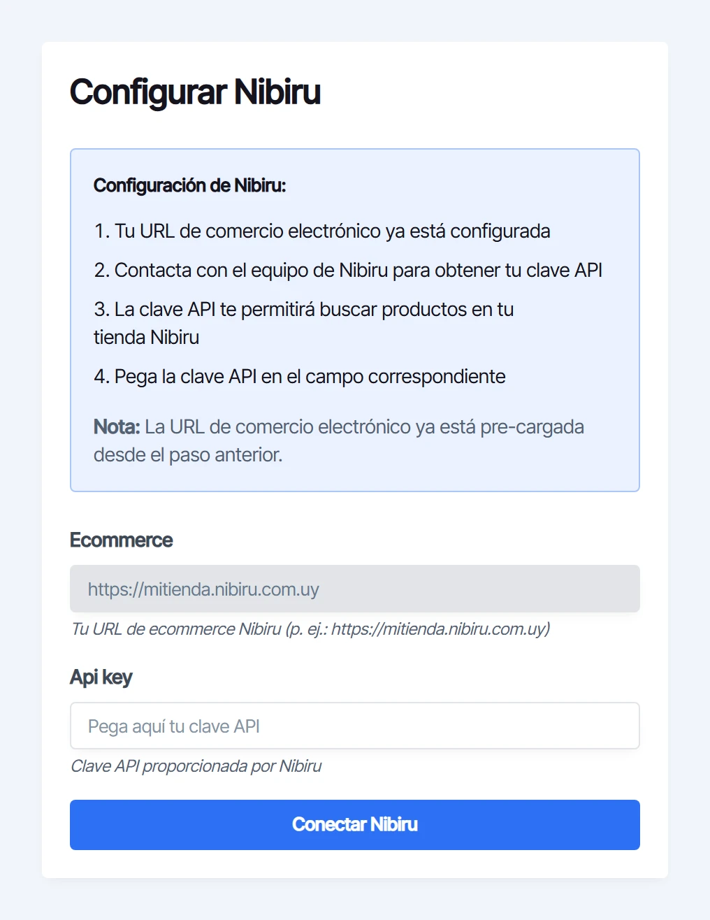 Pantalla Configurar Nibiru con las instrucciones y la URL de la tienda ya cargada