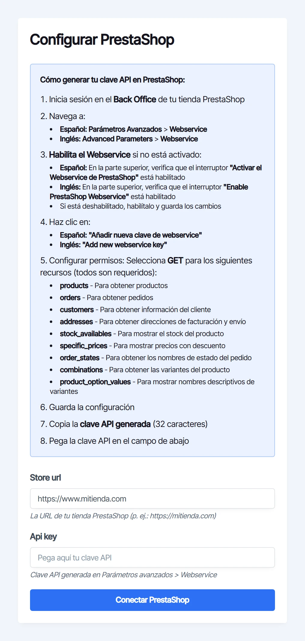 Pantalla Configurar PrestaShop con los pasos para generar la clave de webservice en el Back Office