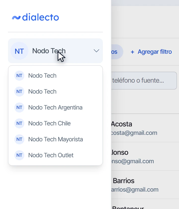 Lista de organizaciones desplegada en el menú lateral